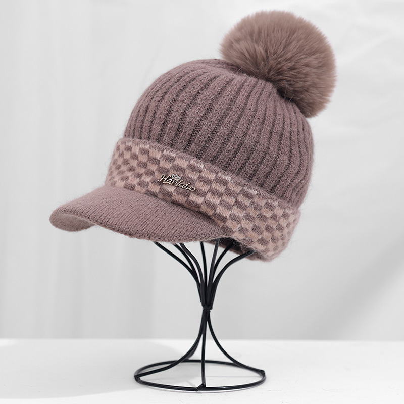 Women's Sweet Simple Style Plaid Pom Poms Curved Eaves Wool Cap display picture 3