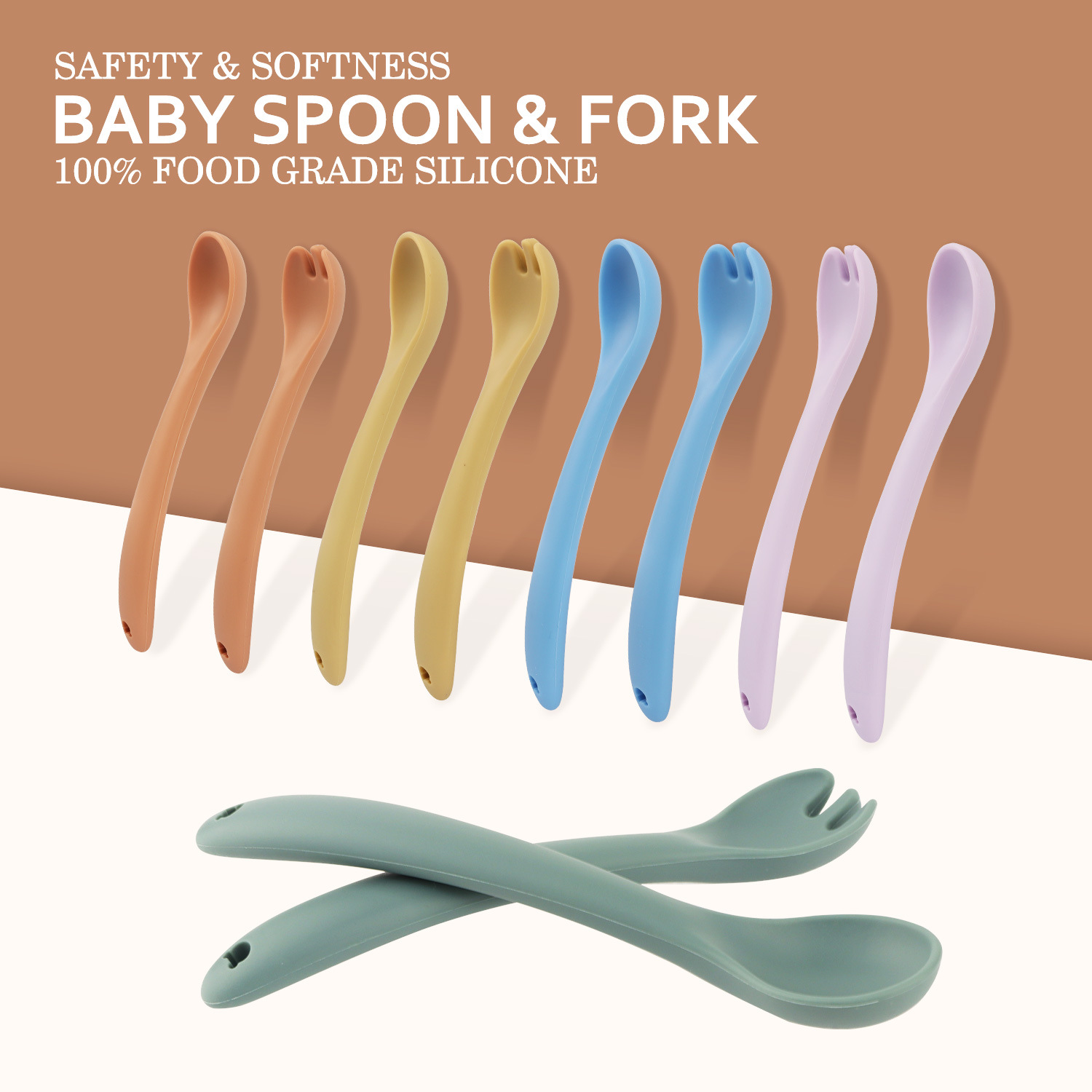 Children's Food Supplement Soft-Head Silicone Spoon Baby Feeding Spoon Feeding Small Curved Spoon Fork Feeding Puree Tableware Universal Model