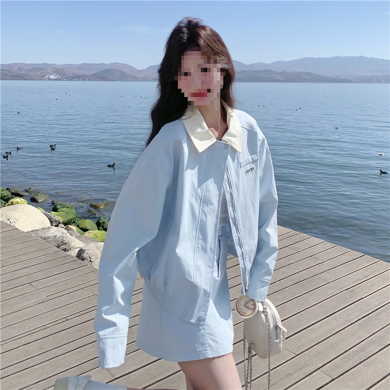 跨境清纯系松弛感穿搭蓝色减龄夹克套装女2025春季新款休闲短裙两|undefined