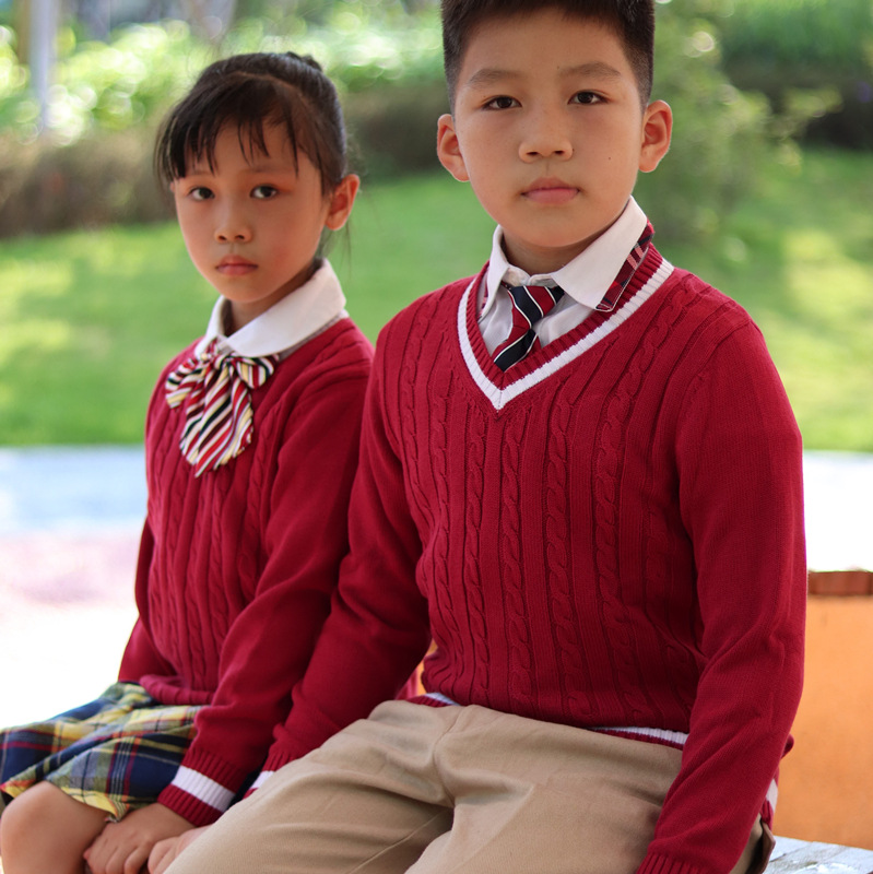 学生校服毛红色衣套衫  男女生针织长袖春秋园服学院风班服幼儿园