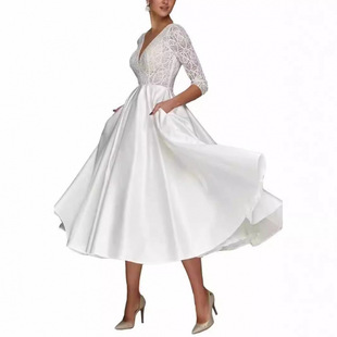 2025 New Wedding Dress European and American Deep V Amazon Dress Mid-Sleeve Pure Color Fashion Lace Bridal Wedding Dress Spring