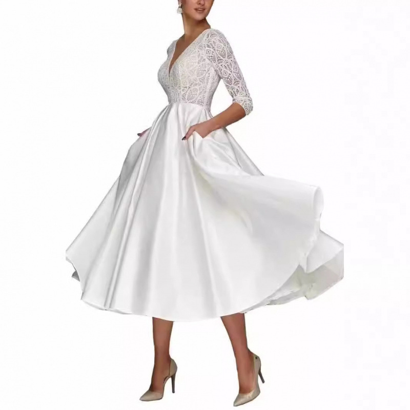 2025 nuevo vestido de novia europeo y americano en V profundo vestido de Amazon manga color sólido moda encaje novia boda primavera