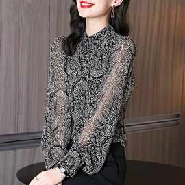 印花雪纺衬衫2026年春秋季新款别致小衫女士立领上衣宽松型上衣