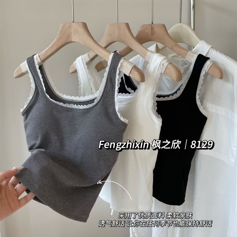 Fengzhixin 8129 Fashionable Lace Contrasting Color Vest with Breast Pads for Outer Wear Suspender Women's Top with Wide Shoulders and Beautiful Back