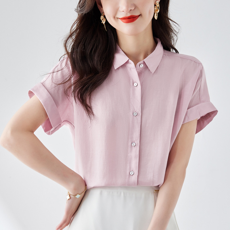 Authentic Silk Summer Women's Short-Sleeve Shirt, Fashionable and Elegant Collared Top, Loose Plus-Size Women's Blouse Authentic Silk Summer Women's Short-Sleeve Shirt, Fashionable and Elegant Collared Top, Loose Plus-Size Women's Blouse