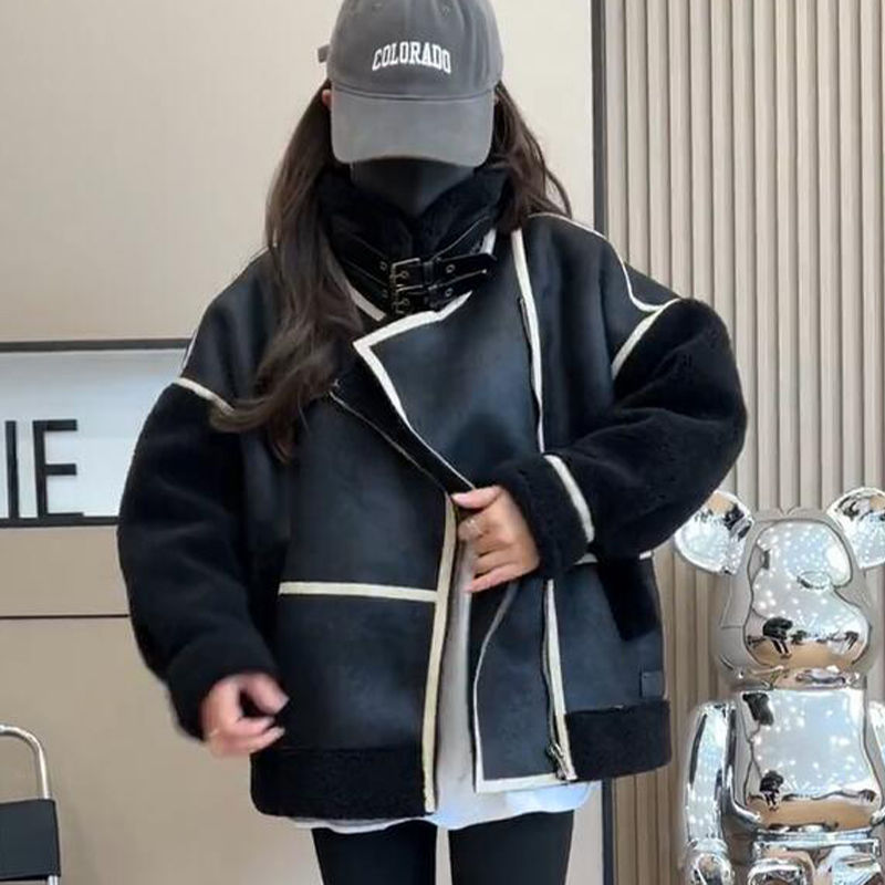 Cross-Border Motorcycle Jacket for Women, Winter Style, Shearling Integrated Lamb Wool Coat, Women's 2025 New Winter Trendy Jacket