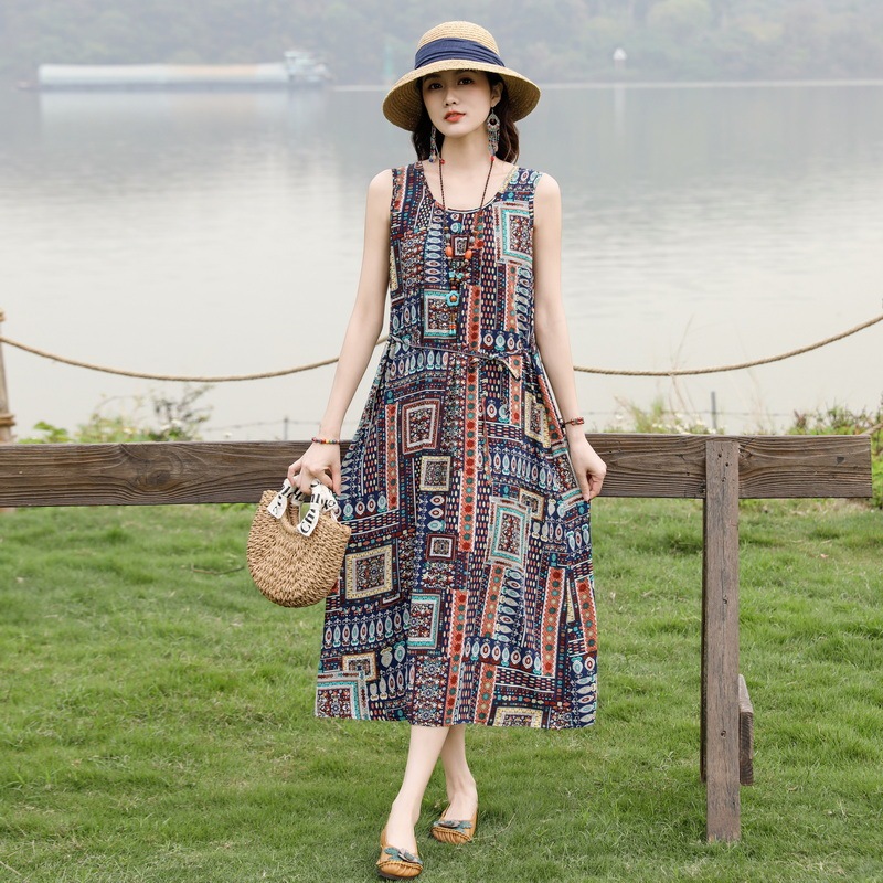 Summer Sleeveless Vest Cotton Silk dress Women's Vacation Style Young Mother Elegant Casual Sling Artificial Cotton Long Dress