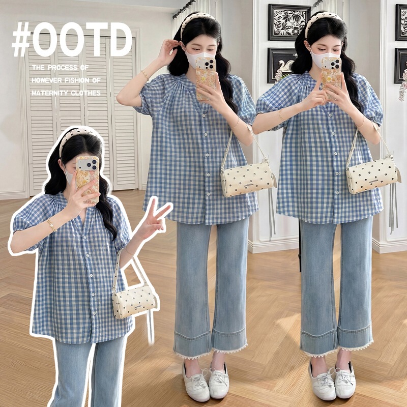 Real Shot of Maternity Tops for Summer 2026, New Style That Covers the Belly Without Showing Pregnancy, Short-Sleeved Plaid Casual Shirts, Summer Wear