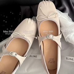 法式溫柔芭蕾舞平底鞋女2024春夏新款真皮蝴蝶結瑪麗珍軟底豆豆鞋