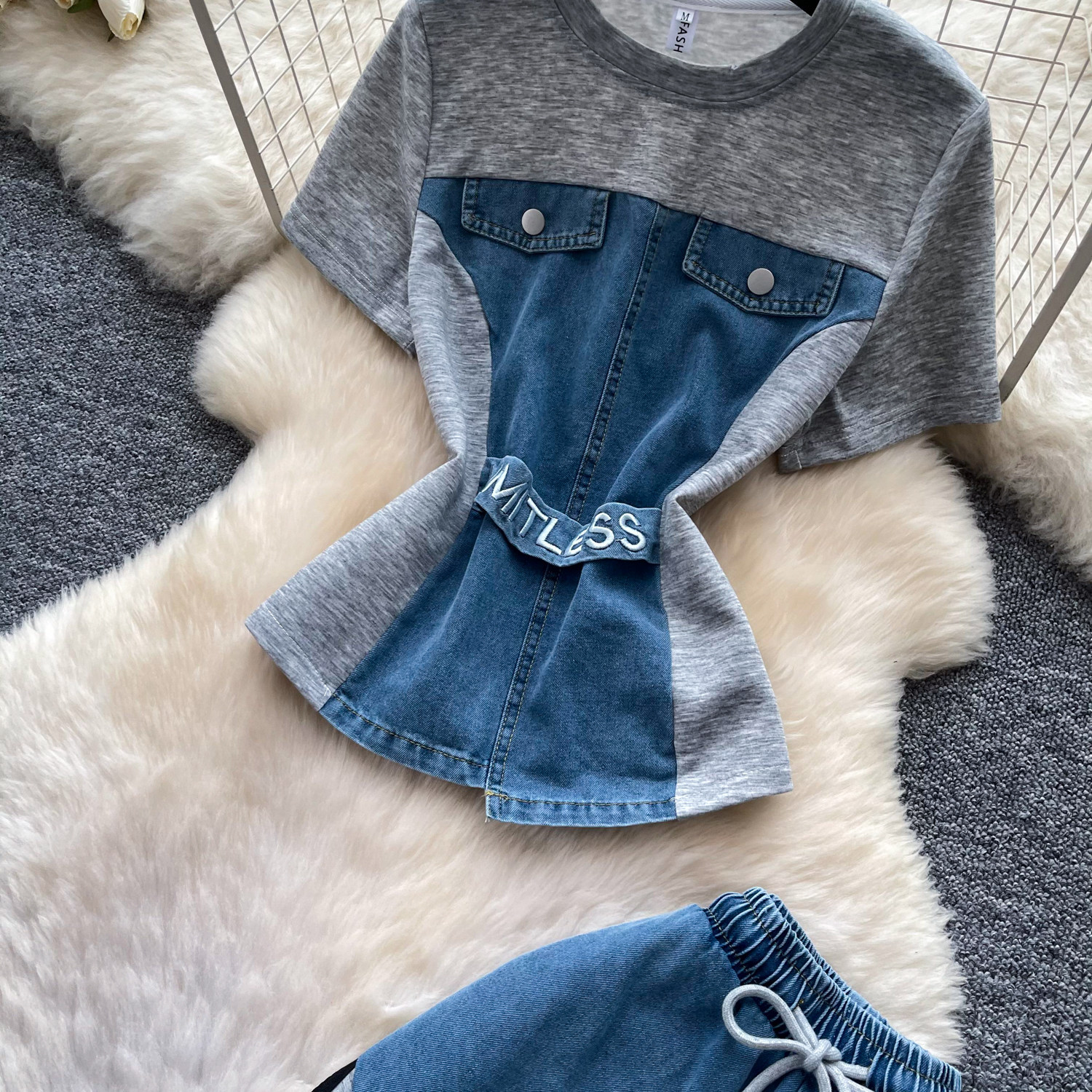 Retro Patchwork Denim Set for Women Short Sleeved Hong Kong Style Summer Casual Straight Leg Pants Two Piece Slimming Outfit_ecoleips.com