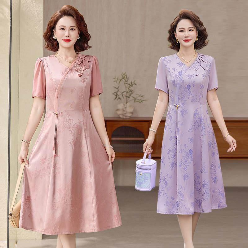 Summer New Chinese-Style Short-Sleeved Dress for Middle-Aged and Elderly Mothers, New Elegant Jacquard Slimming Mid-Length Cheongsam Dress
