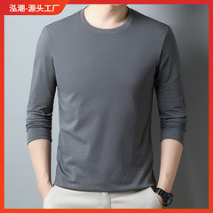 長袖tシャツ男性100% ポリエステル2024春秋純色丸首カジュアルシャツ男性tシャツ