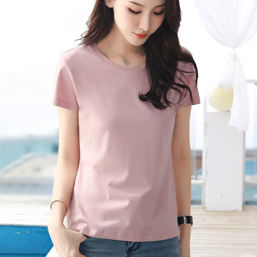 Women's Summer Straight Short-Sleeve T-Shirt in Bare Pink, Plus-Size Basic Top with Pure Color Small Round Collar