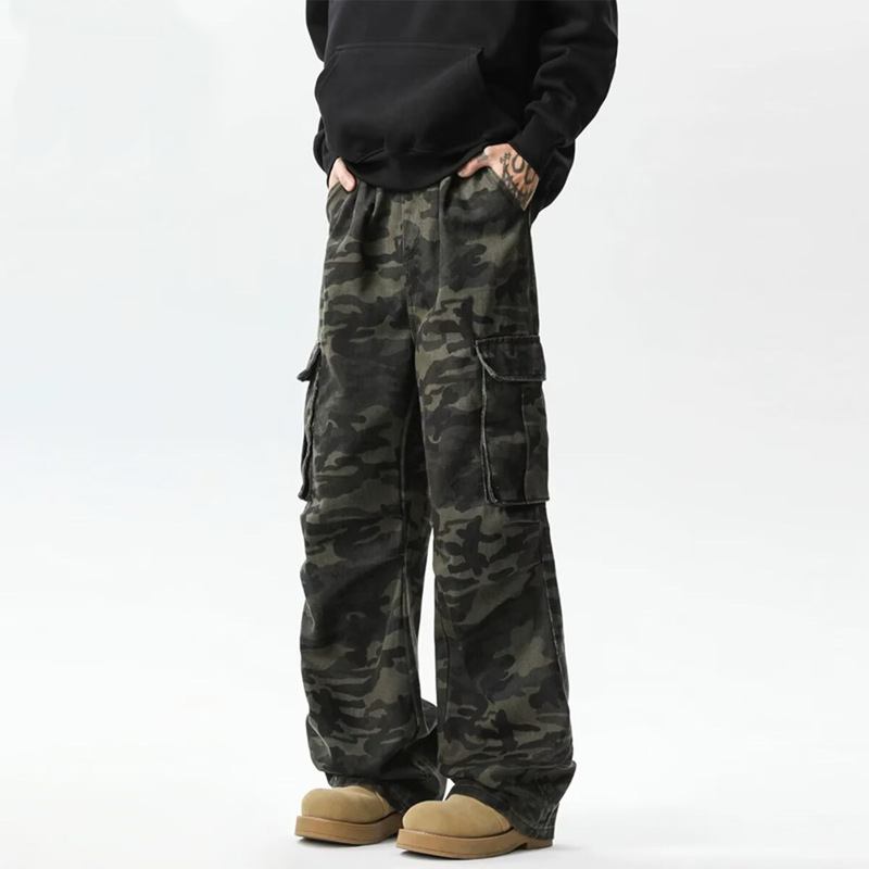 High Street Cool Camouflage Multi-Pocket Cargo Jeans for Men, Wide-Leg Scimitar Loose Straight Casual Versatile Pants