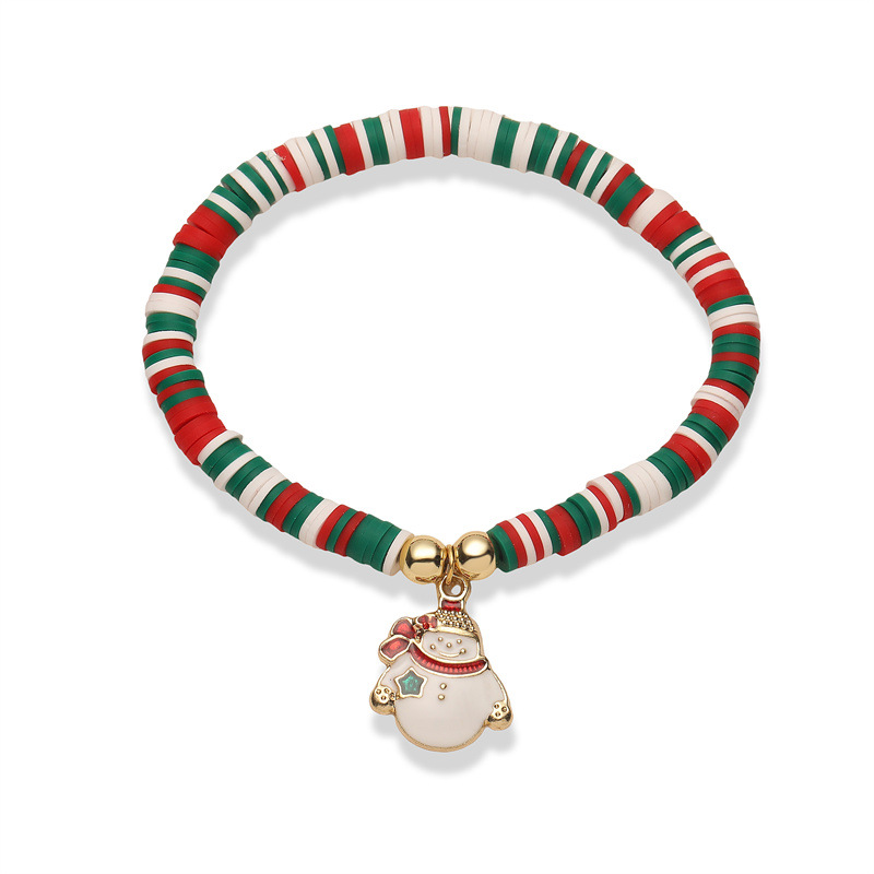 Fabricante de pulseras navideñas con cuentas de arcilla suave populares en Europa y América, chapado en aleación, con diseño de gota de aceite y campana de árbol de Navidad, en stock.