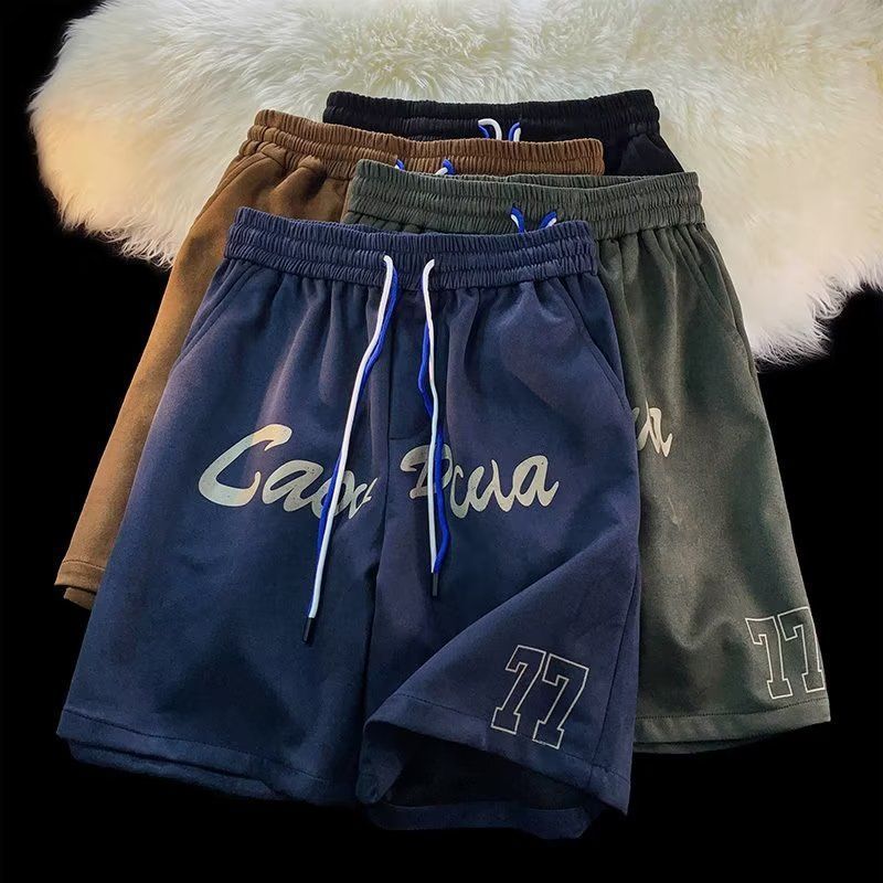 Pantalones cortos de gamuza retro para hombres, estilo fino de verano, estilo americano de moda, pantalones de cinco puntos de uso deportivo suelto casual