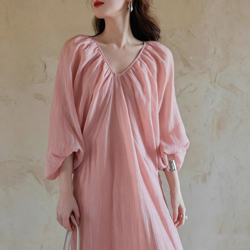 2026 Summer High-End Fairy Long Dress French Retro V-Neck Lantern Sleeve Loose Lyocell Fiber Dress