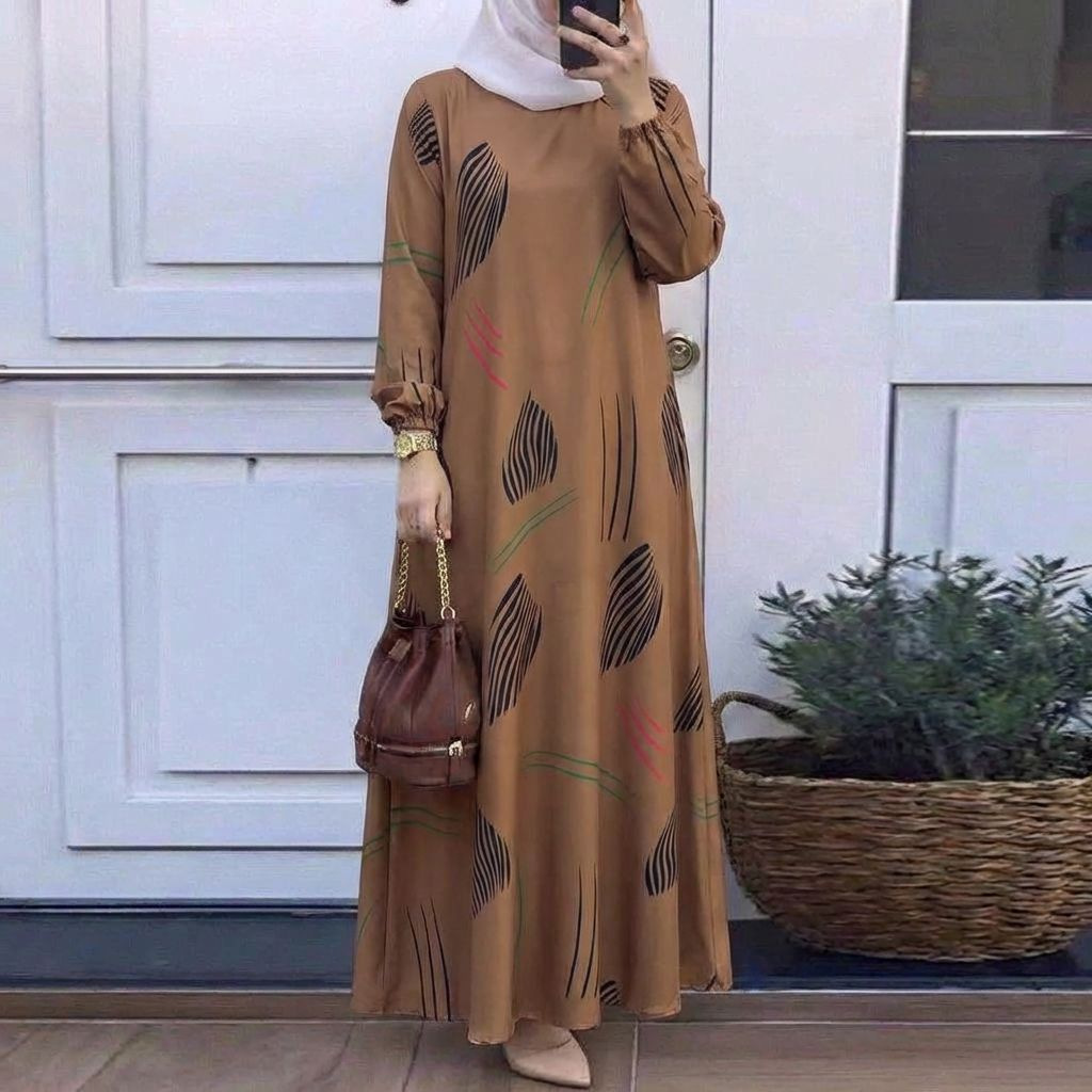 In Stock Cross-Border New Printed Middle Eastern Muslim Malay Full Sleeve Round Neck Robe Long Dress Factory Wholesale_ecoleips.com