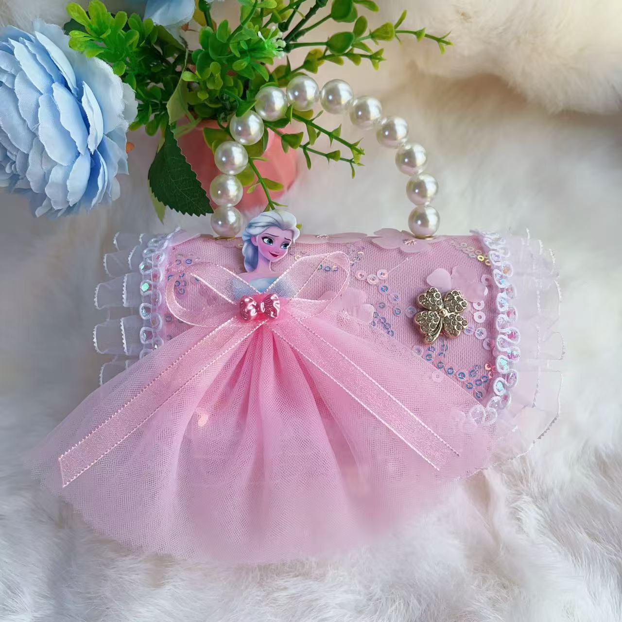 Bolso de perlas, bolso de arco, bolso de princesa Melody, bolso de Año Nuevo, bolso de hombro cuadrado de cadena de niña roja