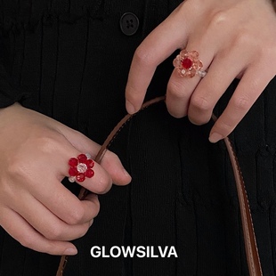 Niche handmade vintage beaded crystal flower ring cute woven ring elegant style contrast color fashion women