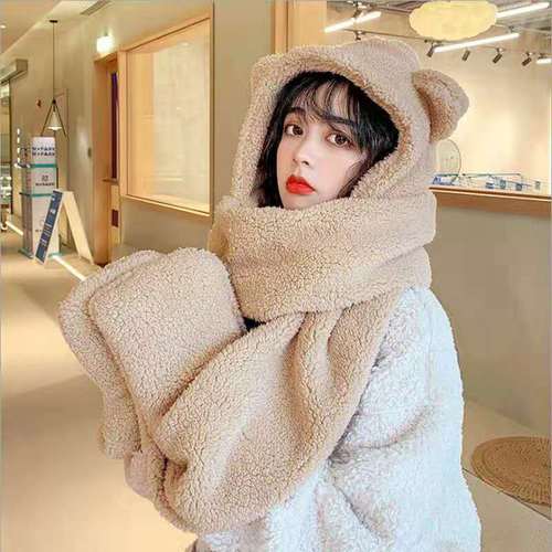 Bear Hat Scarf One-piece Plush Hat Cute Winter Knitted Hat Women's Plus Velvet Thickened Warm Wool Hat Wholesale