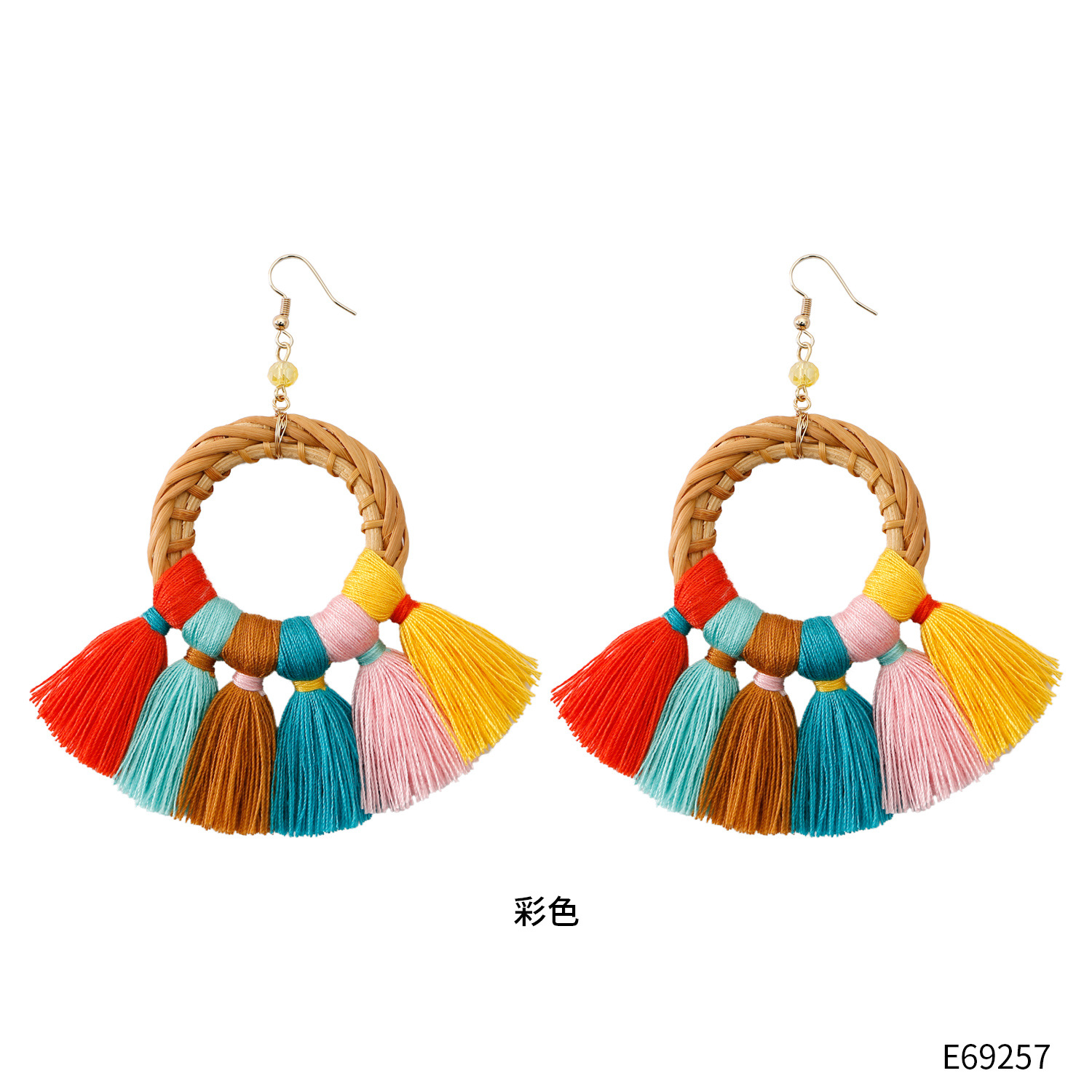 Creative Bohemian Circle Rattan Tassel Earrings DIY European and American Retro Hand-Woven Colorfulful Rice Bead Earrings