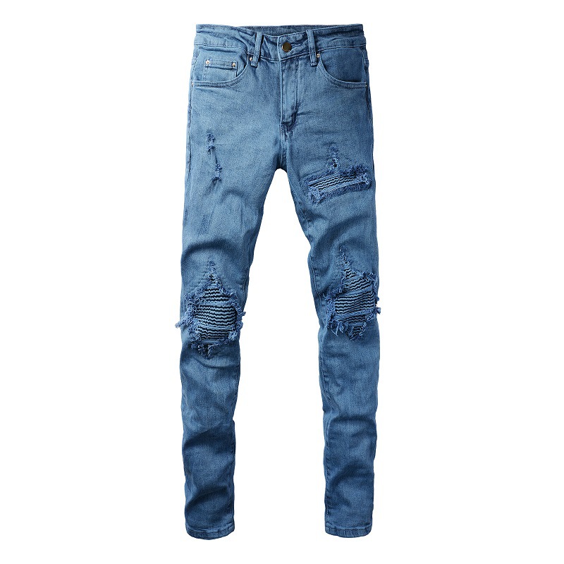 Abbigliamento maschile stesso stile baffi di gatto stropicciati blu patchwork buco elastico slim fit jeans skinny jeans_voghion.com