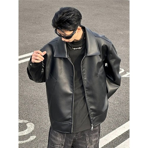 Black Collar Solid Leather Jacket for Men, American High Street Retro, Advanced Sense of Style, Cool and Daring, Spring and Autumn Motorcyclist Jacket