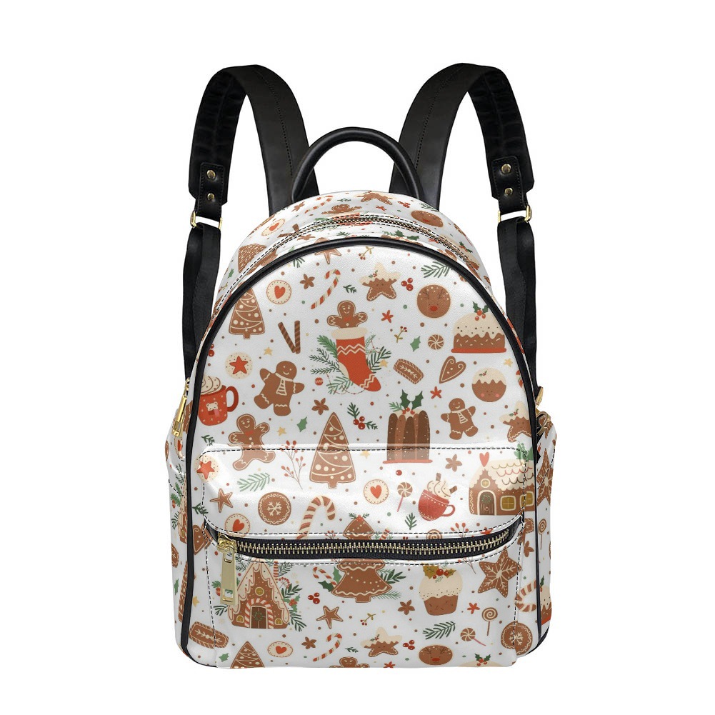 速卖通可爱姜饼人印花女士皮革双肩包休闲大容量拉链背包一件代发