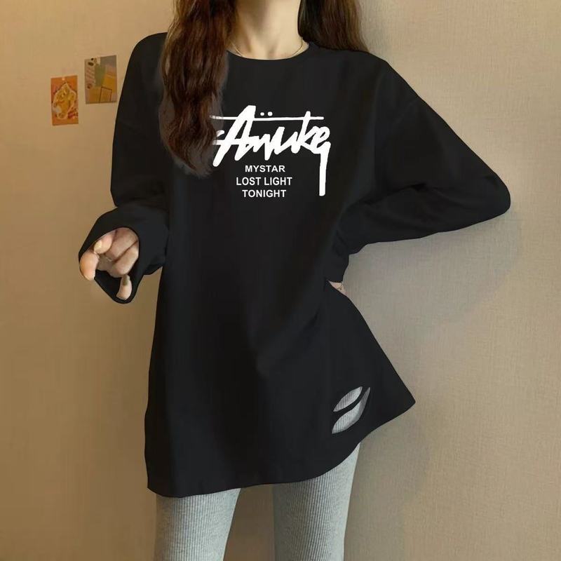 2025秋季新款上衣纯棉体恤女遮臀灰色打底衫长款长袖t恤女遮屁股|undefined