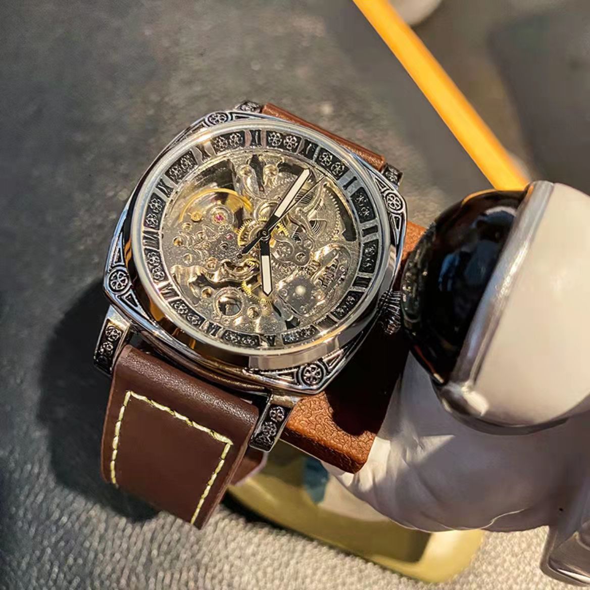 Embossed Stainless Steel Hollow-Out Fully Automatic Mechanical Watch Men's Watch Cross-Border Hot-Selling Factory Wholesale Large Dial