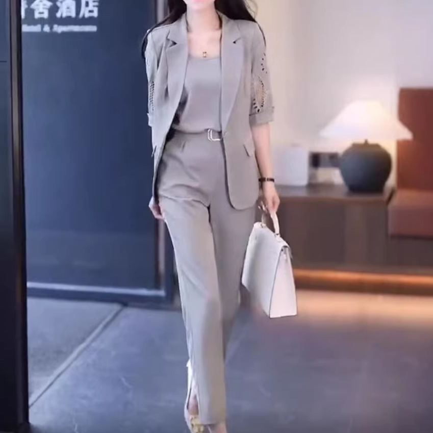 Women's 2026 New Fashionable Spring/Summer Three-Piece Suit Set with Slim Fit and Chic Harem Pants - Thin Hollow-Out Design