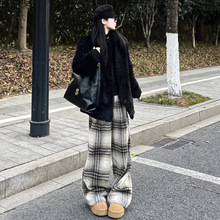 黑白格加绒加厚毛呢格子裤女秋冬新款复古宽松阔腿慵懒百搭直筒裤