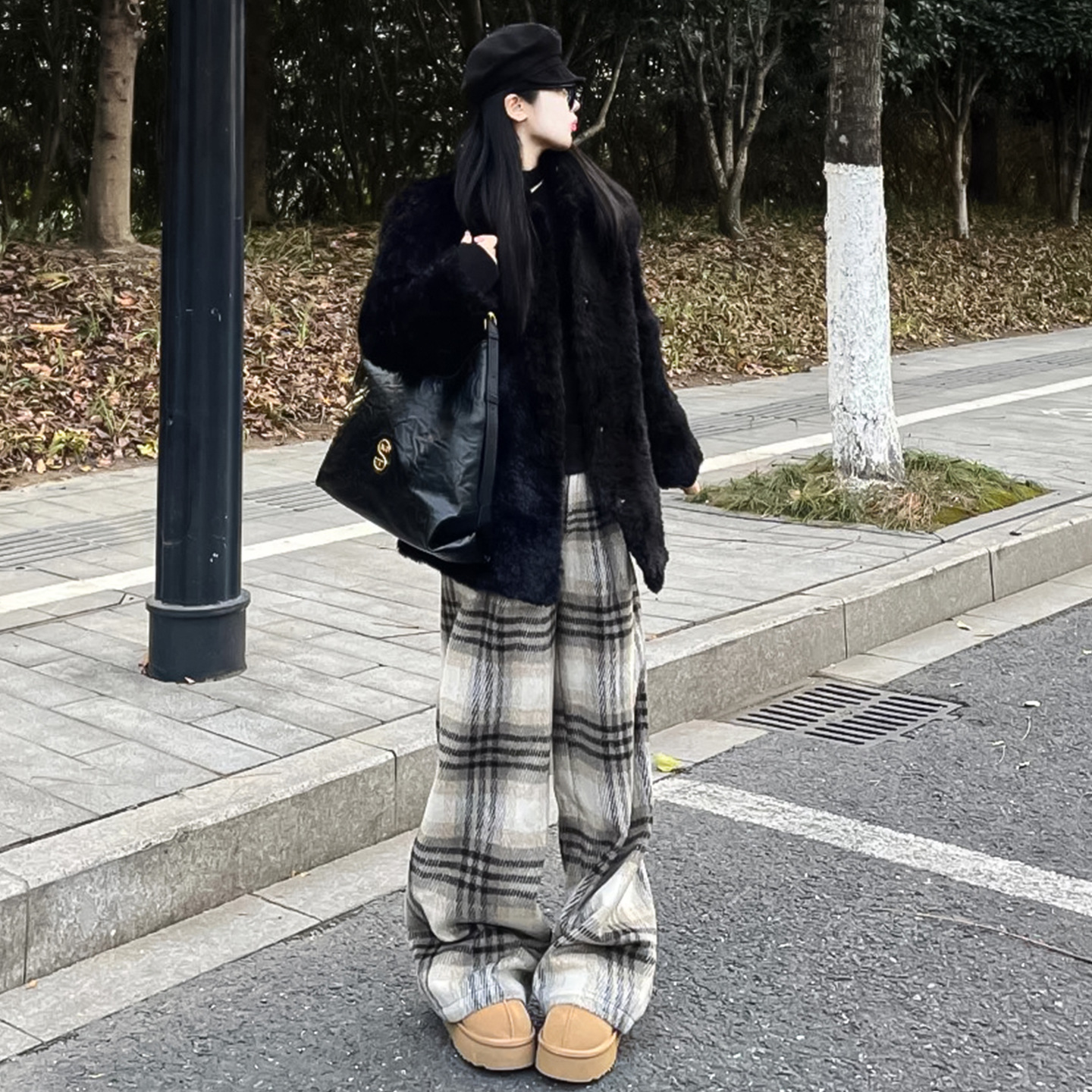 黑白格加绒加厚毛呢格子裤女秋冬新款复古宽松阔腿慵懒百搭直筒裤
