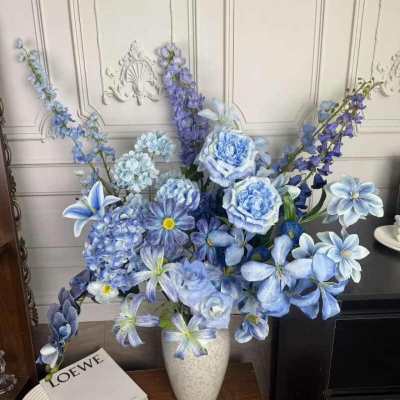 Blue Artificial Flower Wedding Scene Layout, Fake Flower Floor Arrangement, Phalaenopsis, Tulips, Soft Decoration Flower Arrangement