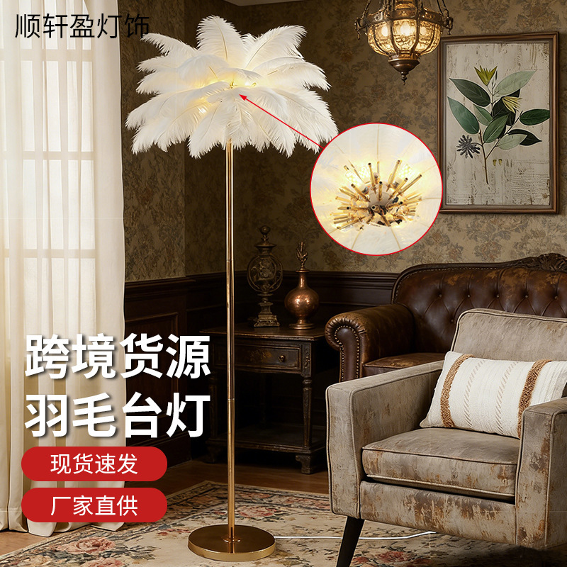 Amazon Feather Floor Lamp Living Room High-End Nordic Atmosphere Decorative Lamp Internet Celebrity Ostrich Feather Bedroom Bedside Lamp