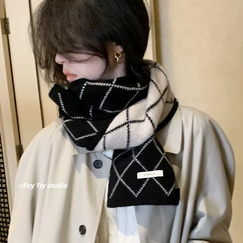 澳洲羊毛100%wool 小香风双面围巾菱形格子围脖冬季保暖韩版情侣