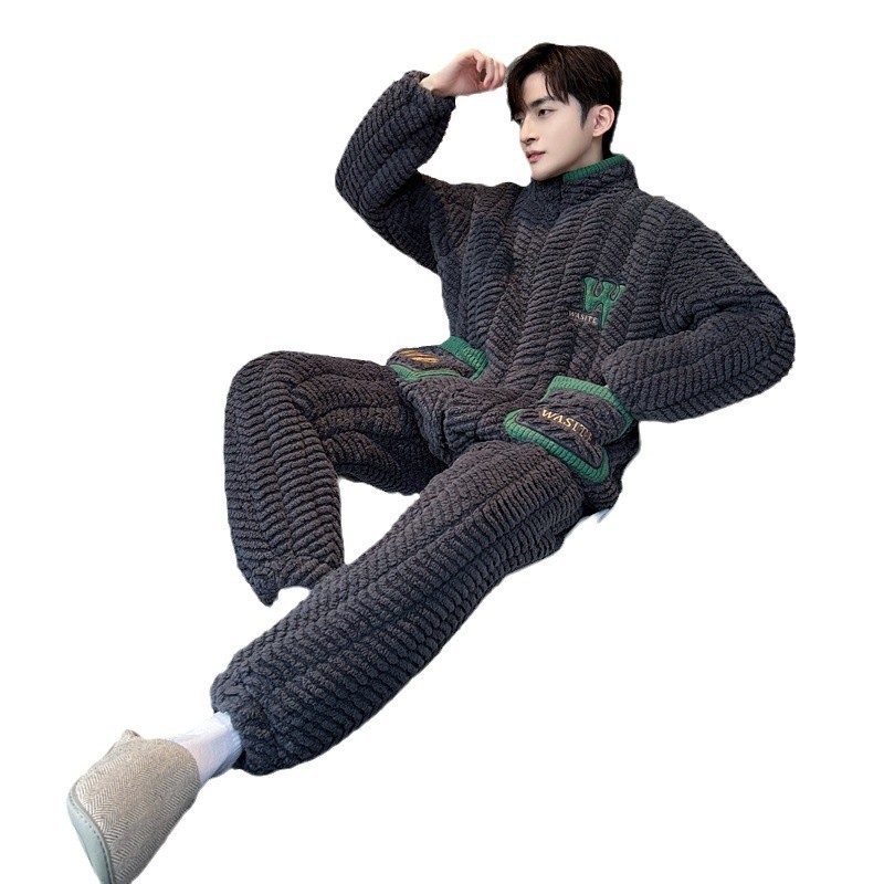 3 층 면 패딩 재킷 잠옷 남자의 가을 겨울 기모 새 겨울 지퍼 산호 양털 홈 옷 세트