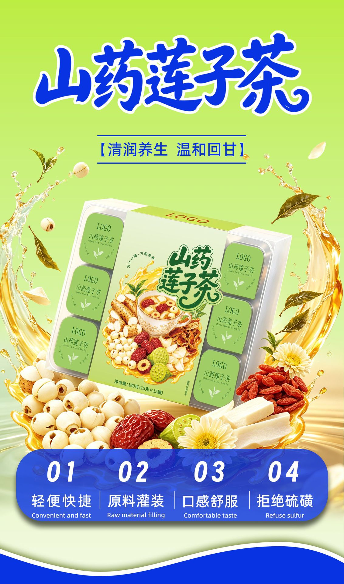 Four Gods Herbal Soup Tea Gift Box Yam Lotus Lily Red Date Chenpi 180g 12 Portable Cups overview