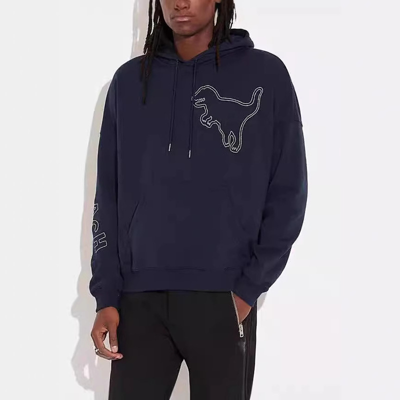 Autumn 2024 New Men's Hooded Sweatshirt with Blue Dinosaur Embroidery, Crew Neck Pullover Couple Hoodie