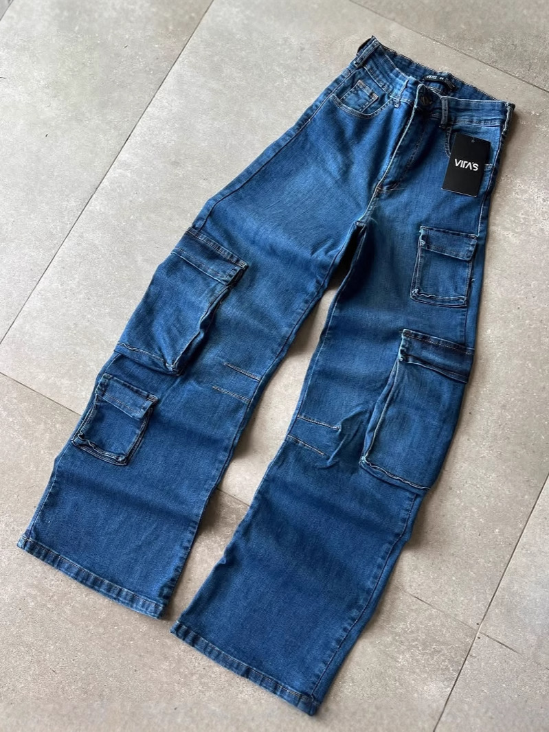 Pantalones de mezclilla para mujer, monos, pantalones de moda de piernas anchas con bolsillos múltiples, pantalones Cargo pants wholesale