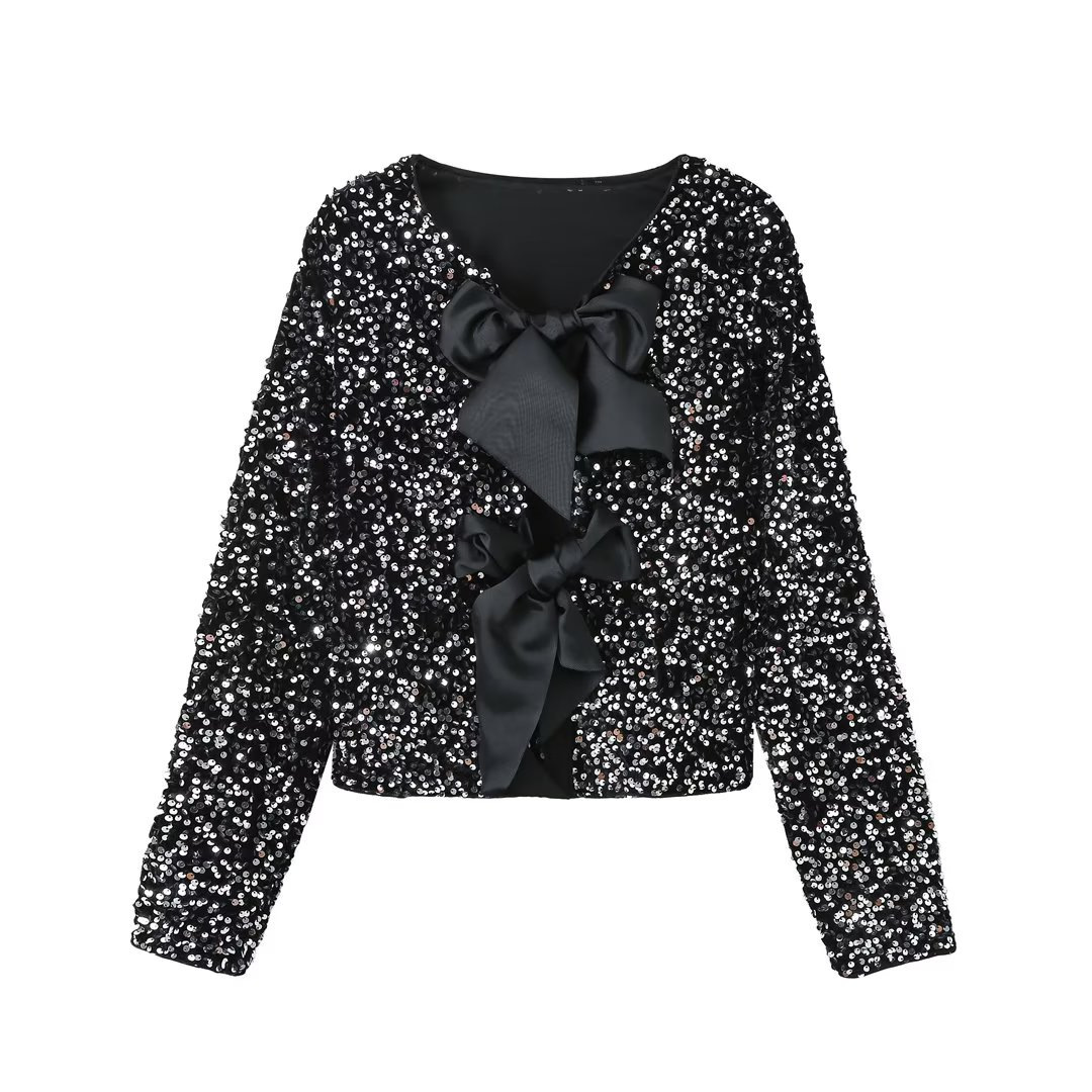 Abbigliamento donna Y2K primavera nuova camicia aderente corta a maniche lunghe con papillon e paillettes_voghion.com