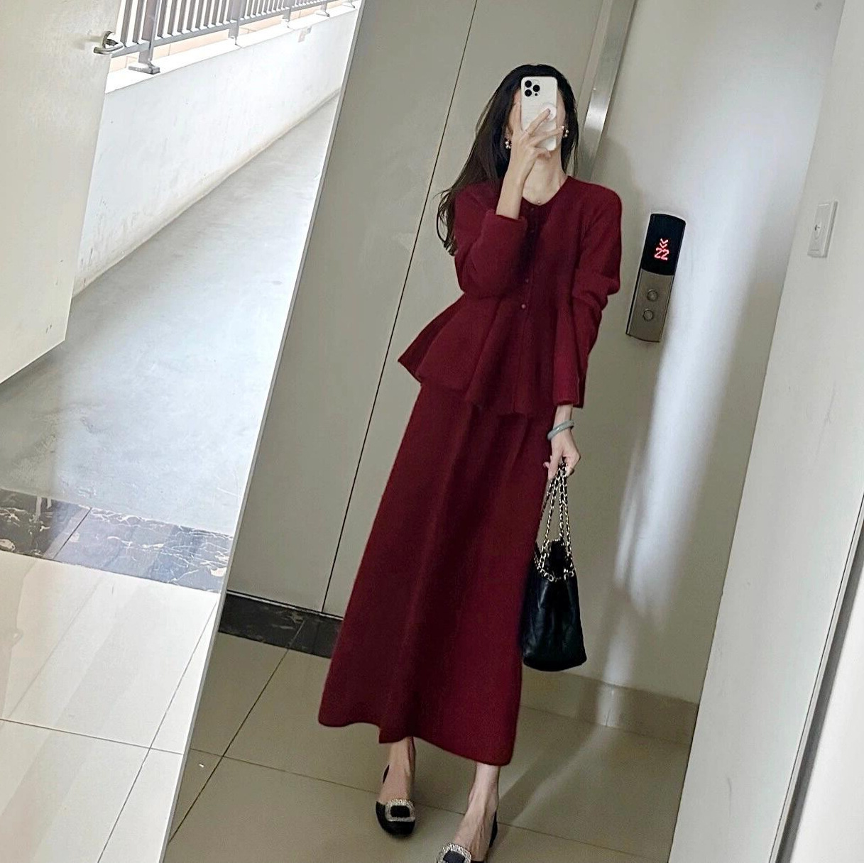 크리스마스 새해 레드 스웨터 참여 원피스 여성의 가을과 겨울 하이 엔드 슈퍼 잘 생긴 니트 스커트 투피스 세트