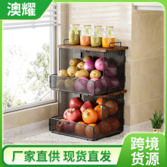 キッチン多層果物と野菜の収納ラック鉄メッシュバスケット木製棚積み重ね可能な収納バスケットキッチン壁掛け収納ラック