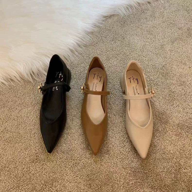 Одиночные туфли на толстом каблуке с острым носом Женская обувь 2023 Новые весенние черные Пригородные шапочки-лодочки с низким ртом и низким каблуком