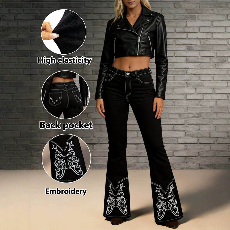 Cross-border European and American Western-style embroidered black flared jeans, women's high-waisted stretch denim pants Cross-border European and American Western-style embroidered black flared jeans, women's high-waisted stretch denim pants