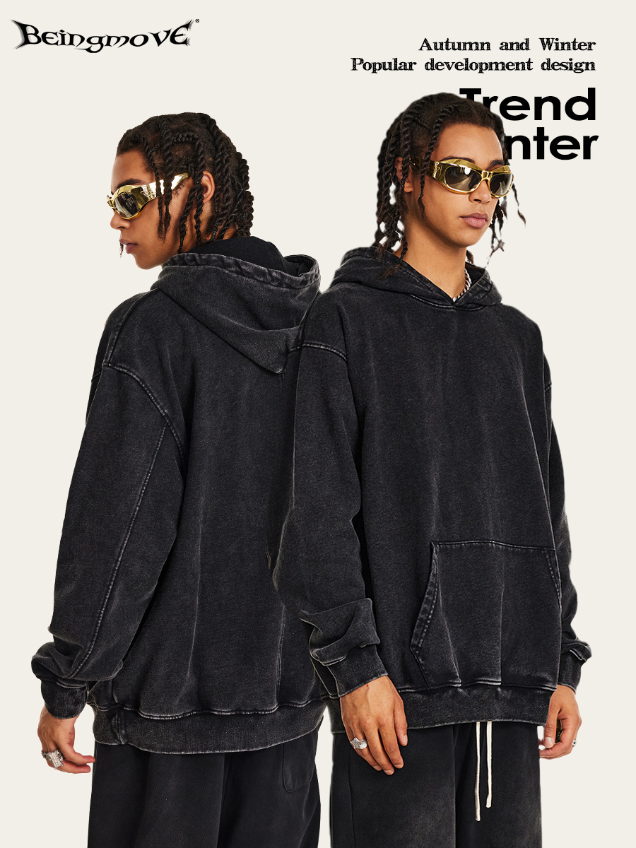 2025 otoño estilo americano marca de moda retro hacer vieja camiseta con sombrero de color sólido suelta juvenil lavado con chaqueta con sombrero hombre