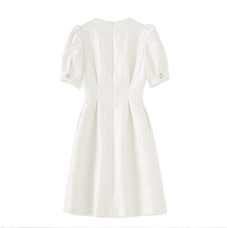 Váy liền tay phồng cổ vuông jacquard nổi họa tiết ngọc trai phong cách tiểu thư — Màu be chi tiết 11