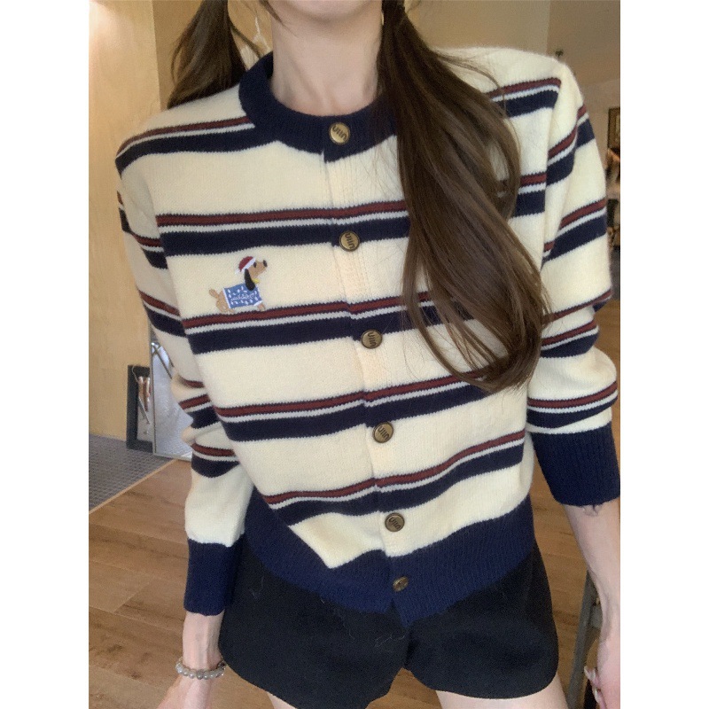 甜辣妹减龄撞色条纹针织毛衣开衫女秋季新款百搭小狗刺绣外套上衣