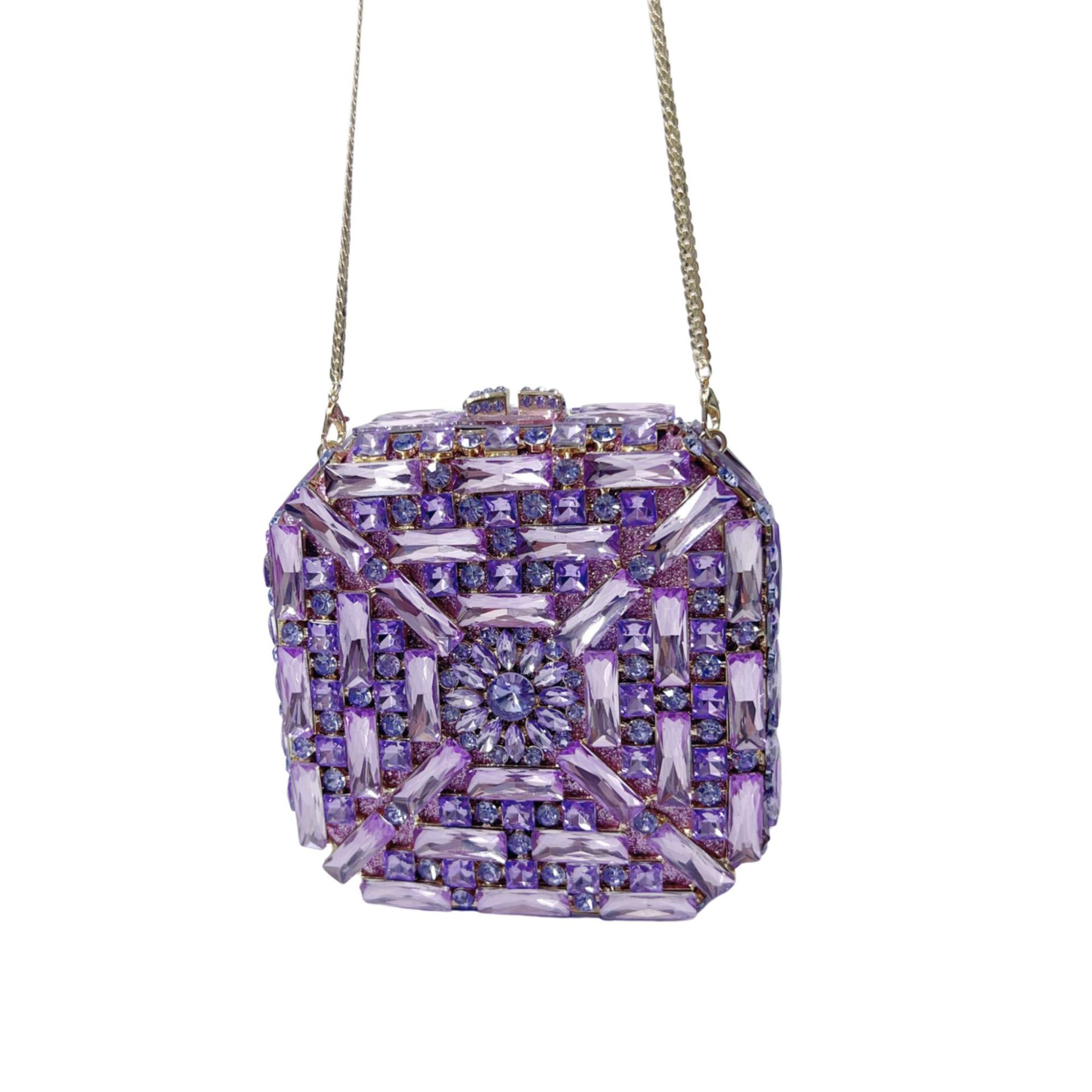 Túi clutch dạ tiệc hộp vuông nhỏ đính đá lấp lánh — Hoa violet, Màu hồng, Màu bạc, Màu xanh ngọc chi tiết 2